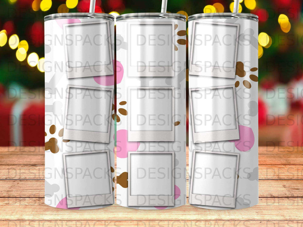 White tumbler with repeated paw print and heart designs, blurred bokeh lights background.
