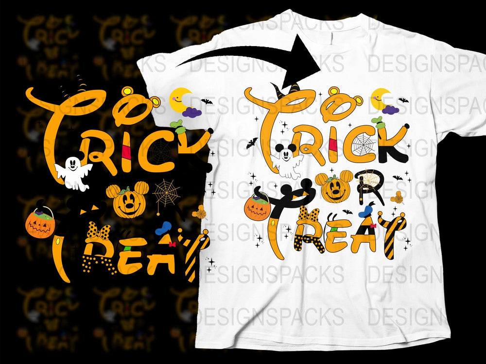 Halloween Trick or Treat T-Shirt, Cute Ghosts Pumpkins Bats, Spooky Fun Kids Adults Costume Top