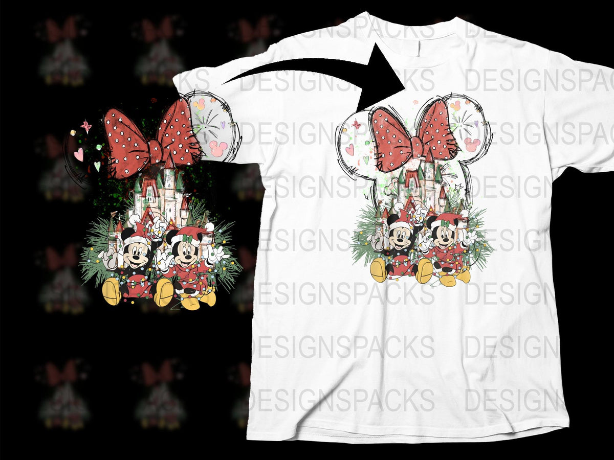 Christmas Themed T-Shirt with Cartoon Mouse, Festive Bow and Wreath Design, Holiday Apparel for All Ages