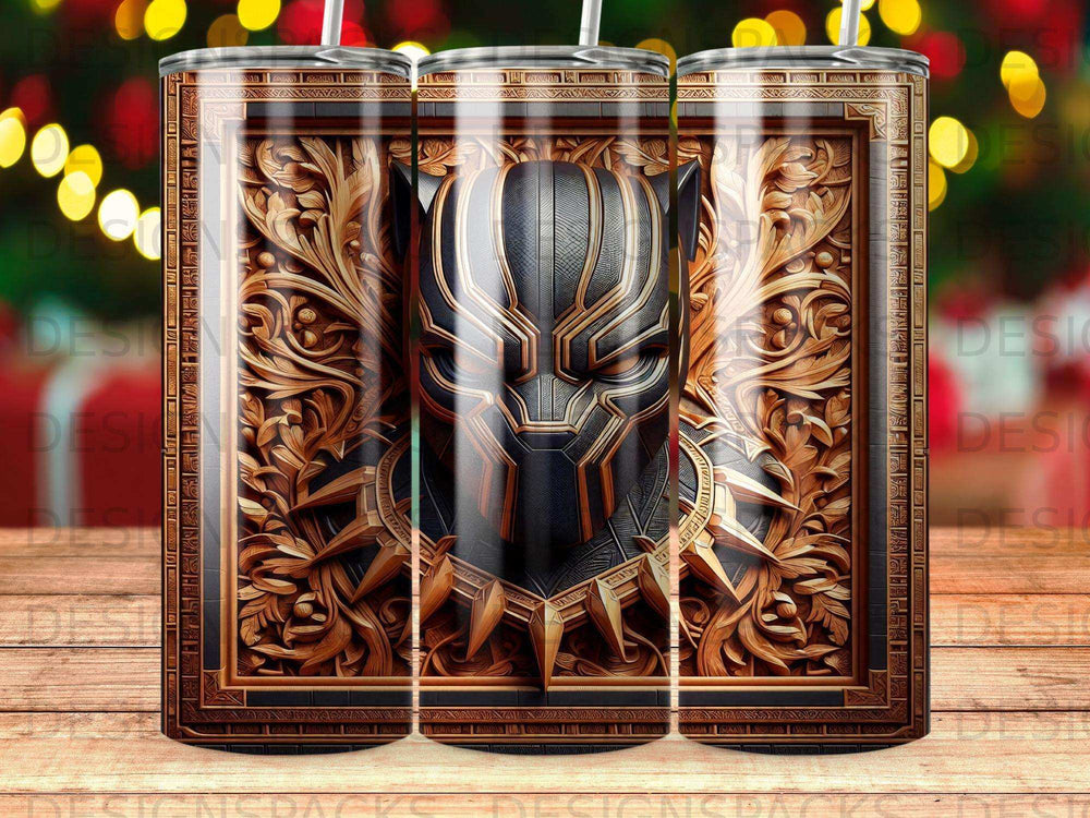 Black Panther mask within ornate gold and black frame.