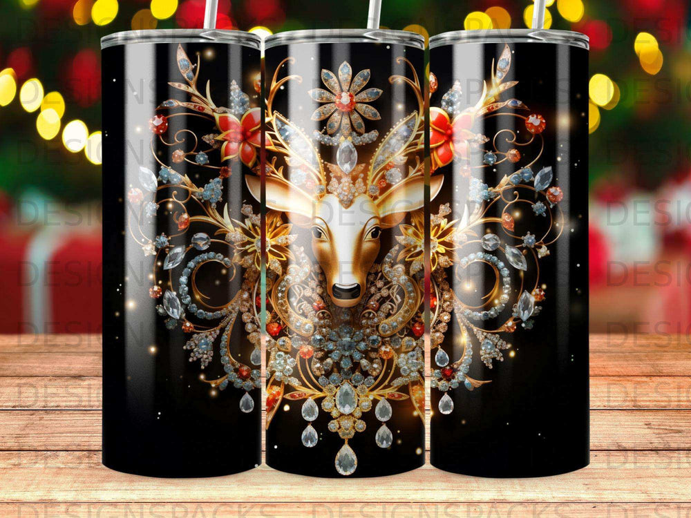 Black tumbler with jeweled deer head and floral accents, illuminated by bokeh lights.