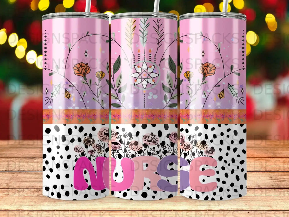 Pink and purple floral tumbler with "NURSE" text on a black polka dot background.