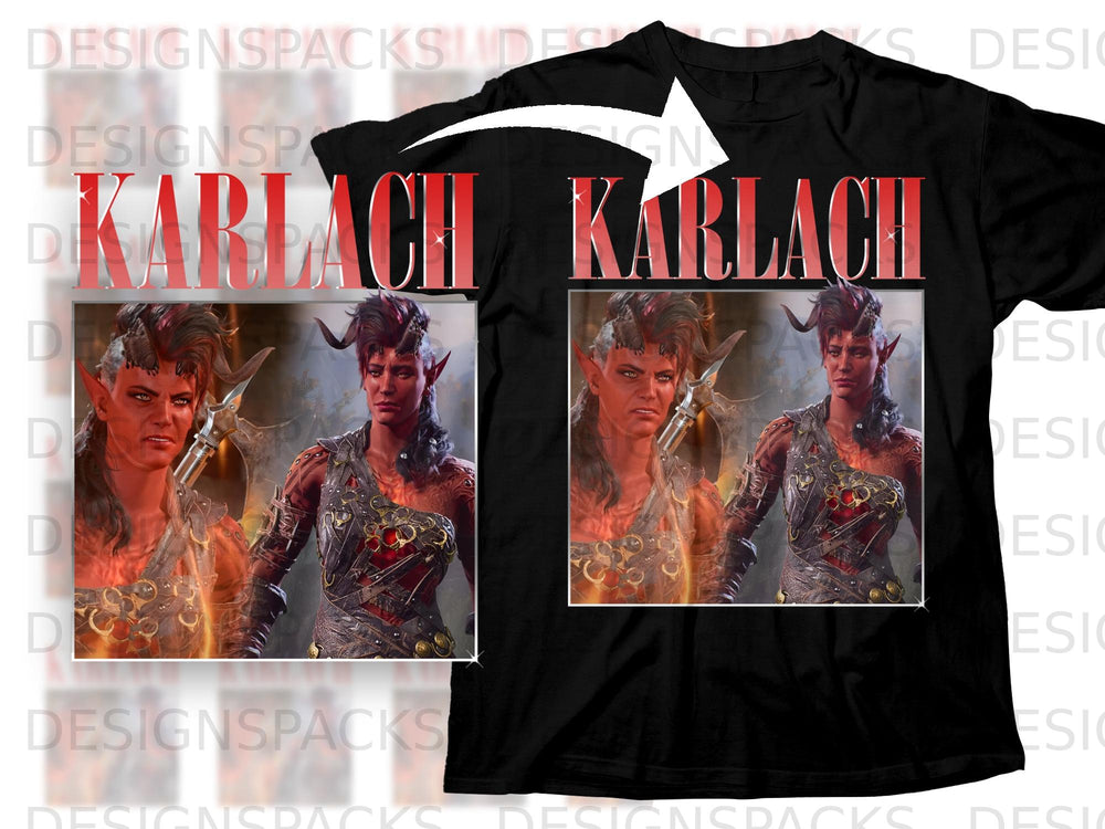 Black t-shirt mockup featuring "KARLACH" text and two images of a horned character.