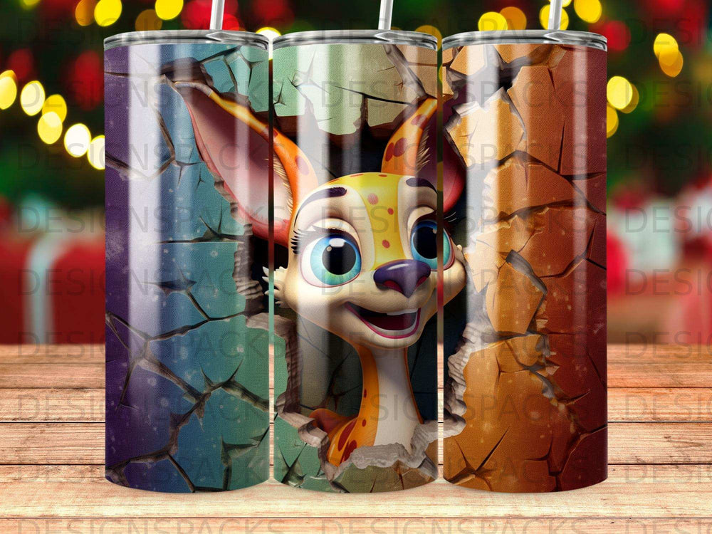 Cartoon fox peeking through cracked colorful wall on tumbler.