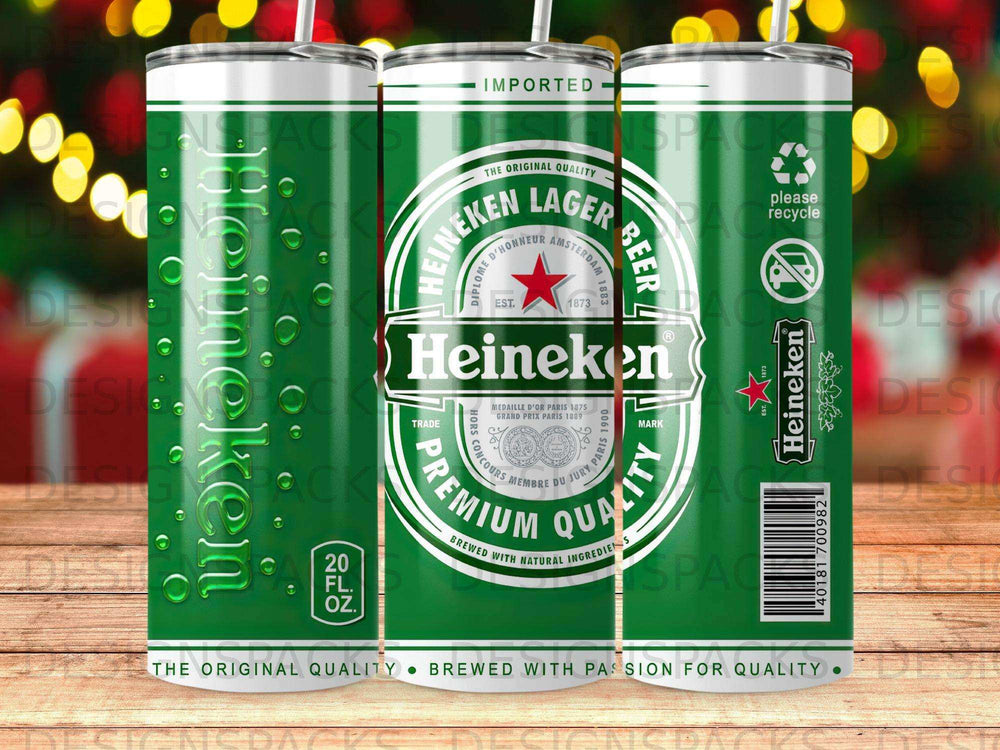Heineken green can with "Heineken" logo, "20 FL OZ", and text detailing quality.
