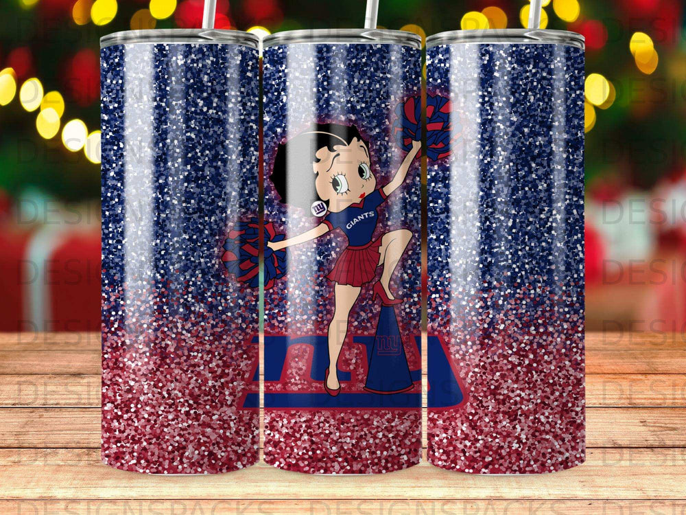 Betty Boop in New York Giants cheerleader outfit with glitter background.