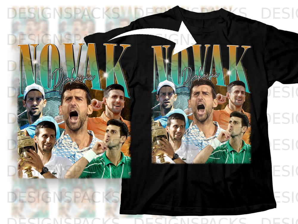Novak Djokovic collage with large text, holding trophies and celebrating.