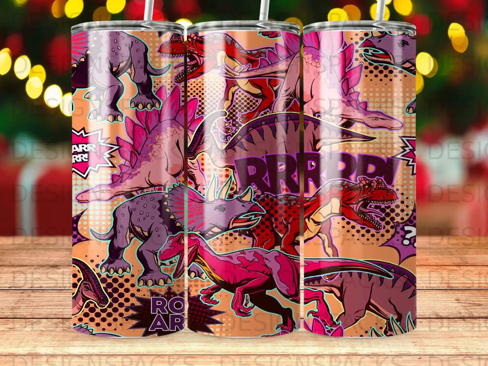Pop art dinosaurs in pink, purple, and orange on a tumbler.