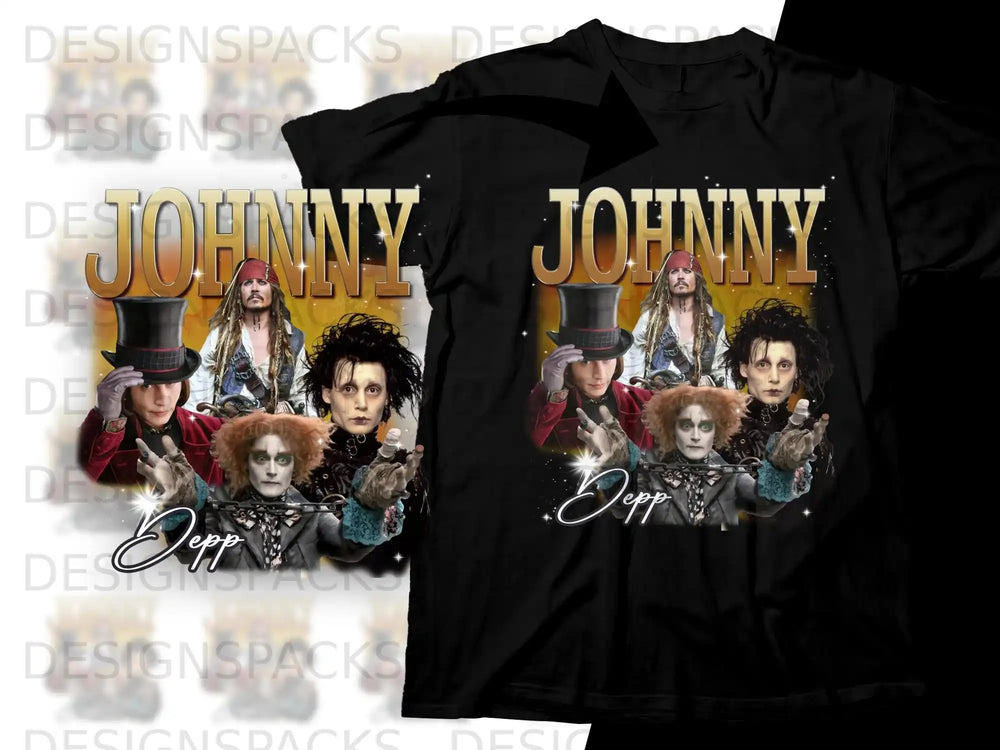 Johnny Depp as Jack Sparrow, the Mad Hatter, and Edward Scissorhands on a t-shirt.