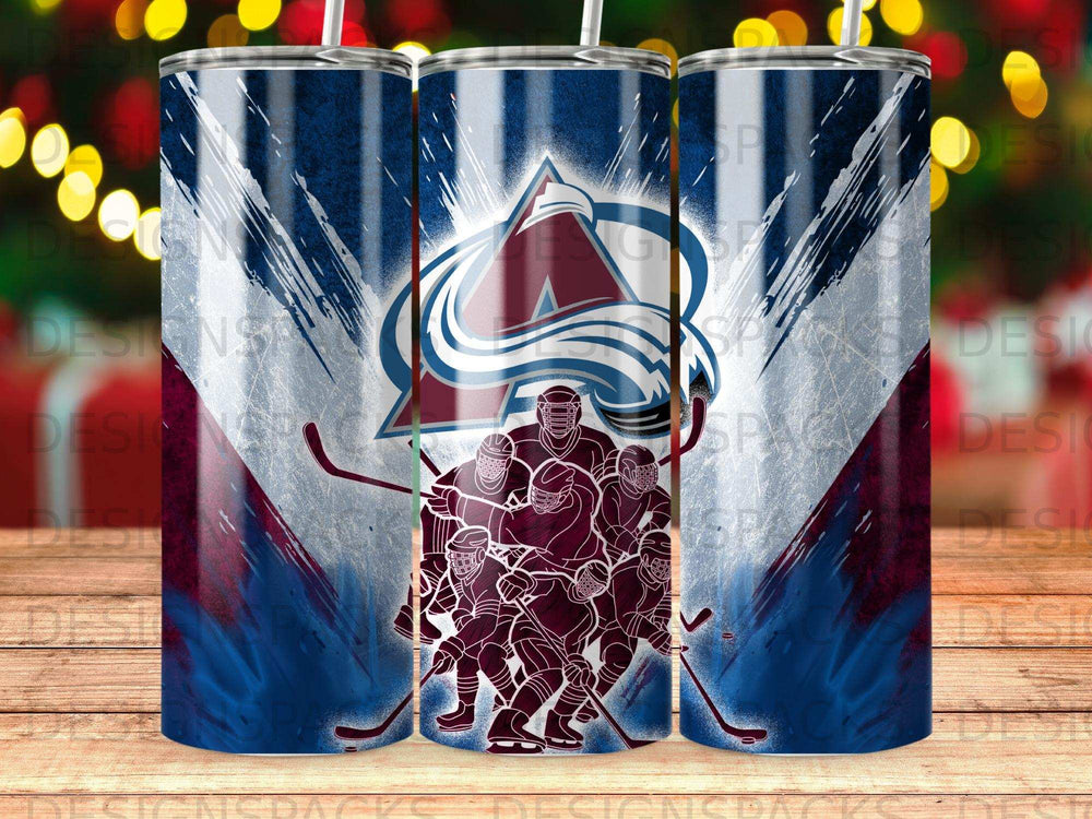 Colorado Avalanche hockey team logo and players on a blue and red abstract background.