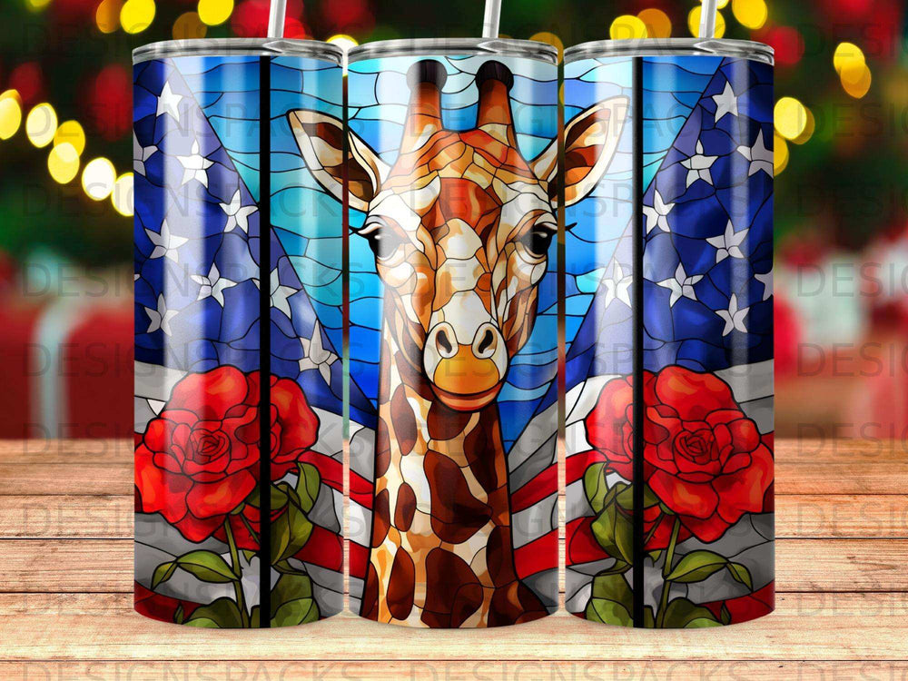Giraffe wearing sunglasses with American flag and roses.