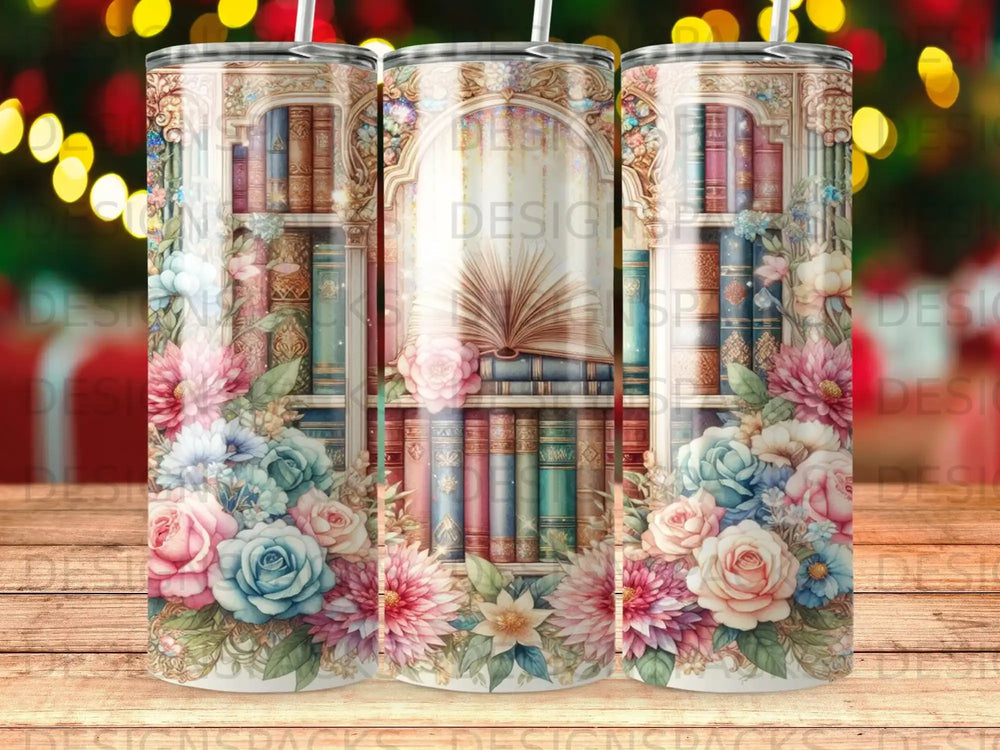 Floral arrangement framing vintage books in arched display case.