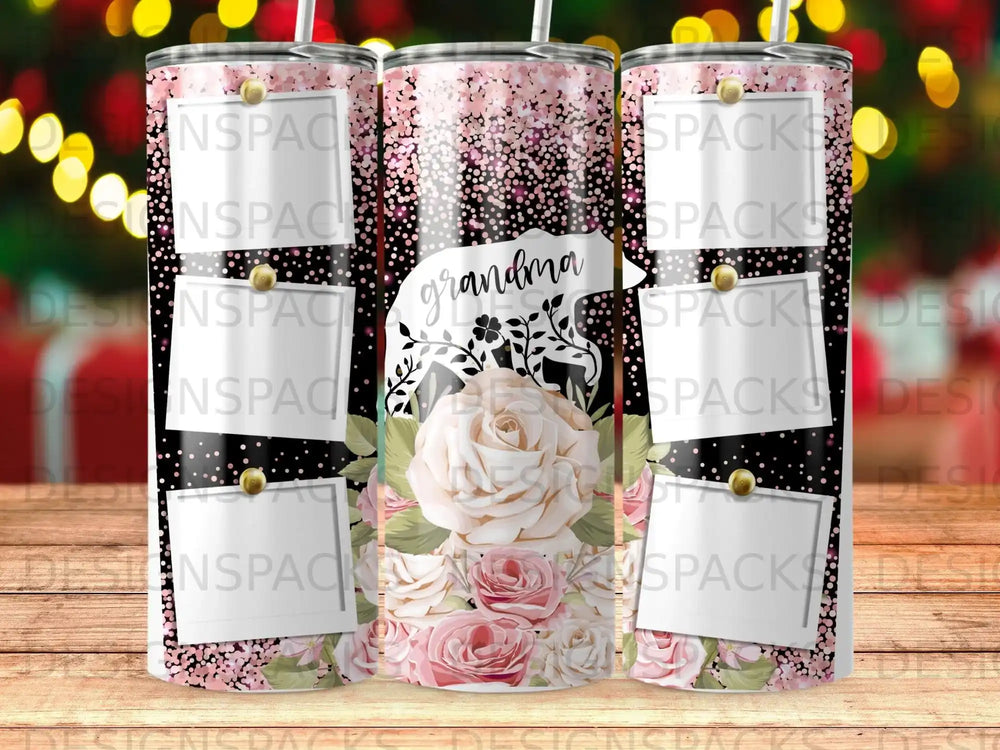 Floral tumbler with "grandma" text and glitter accents.