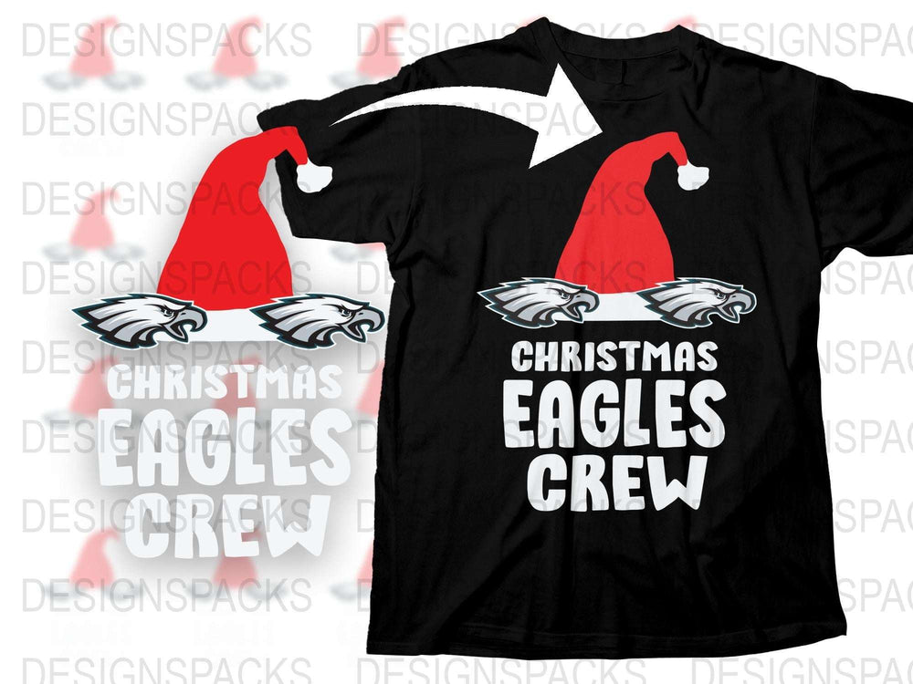 Christmas Eagles Crew T-Shirt, Holiday Festive Graphic Tee, Sports Fan Apparel, Black Cotton Shirt