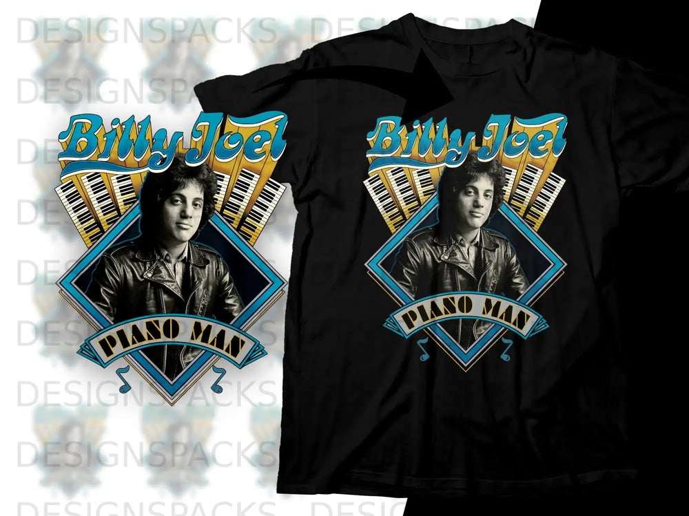Billy Joel "Piano Man" graphic on a black t-shirt.