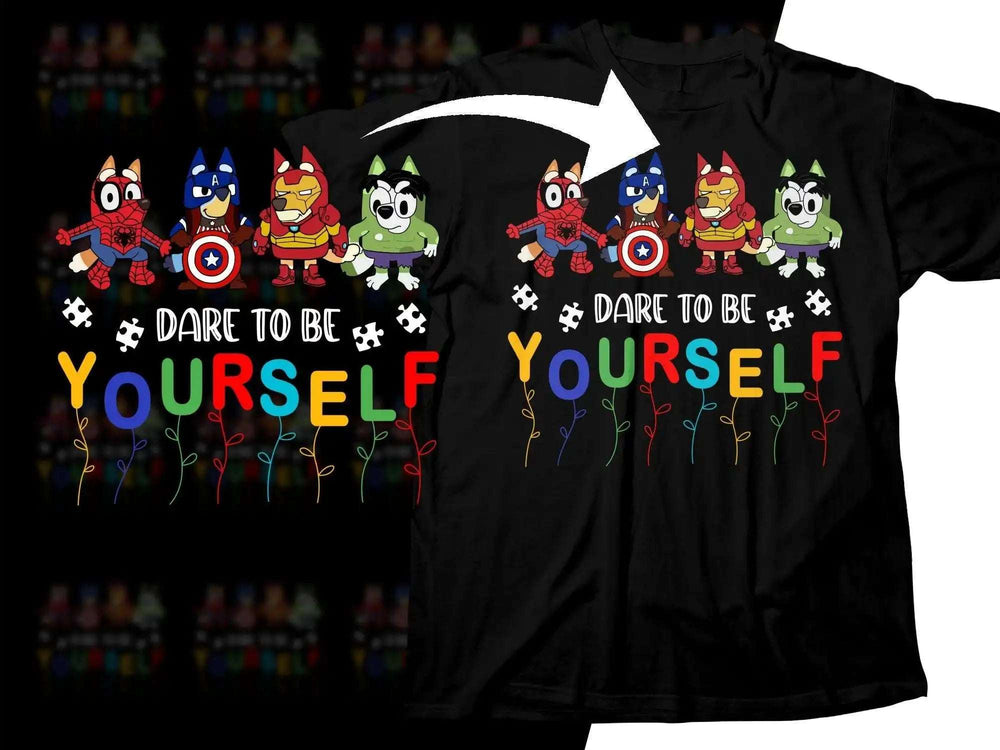 Dare to Be Yourself t-shirt design with superhero dogs, rainbow text, puzzle pieces, and vines for DTF/DTG printing