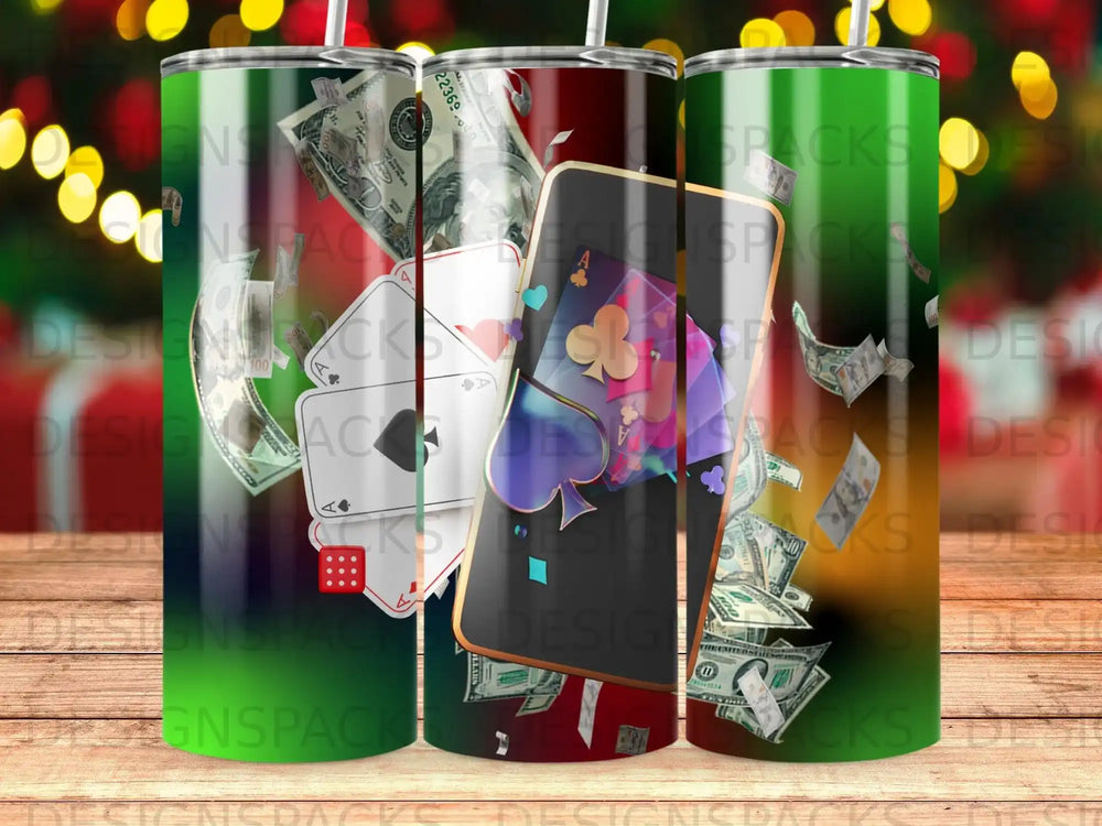Playing cards and US dollar bills adorn three tumblers.