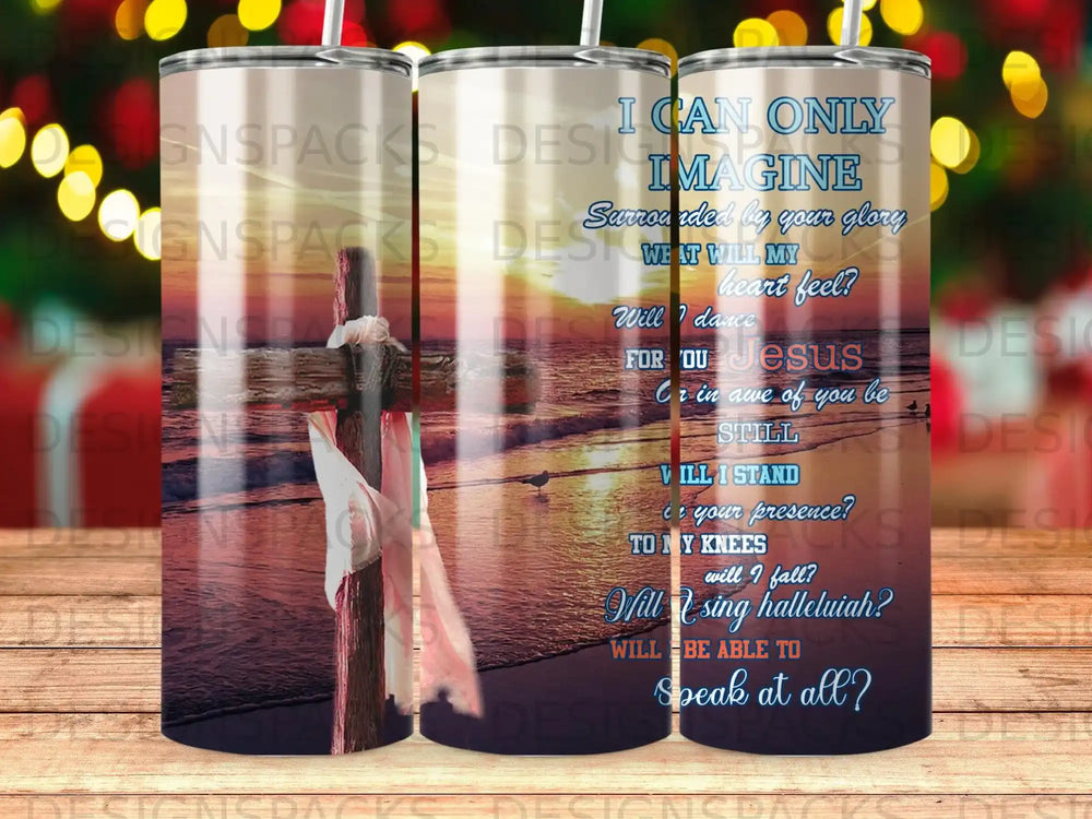 Cross on beach at sunset with religious text overlay.