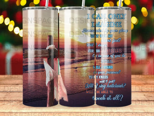 Cross on beach at sunset with religious text overlay.