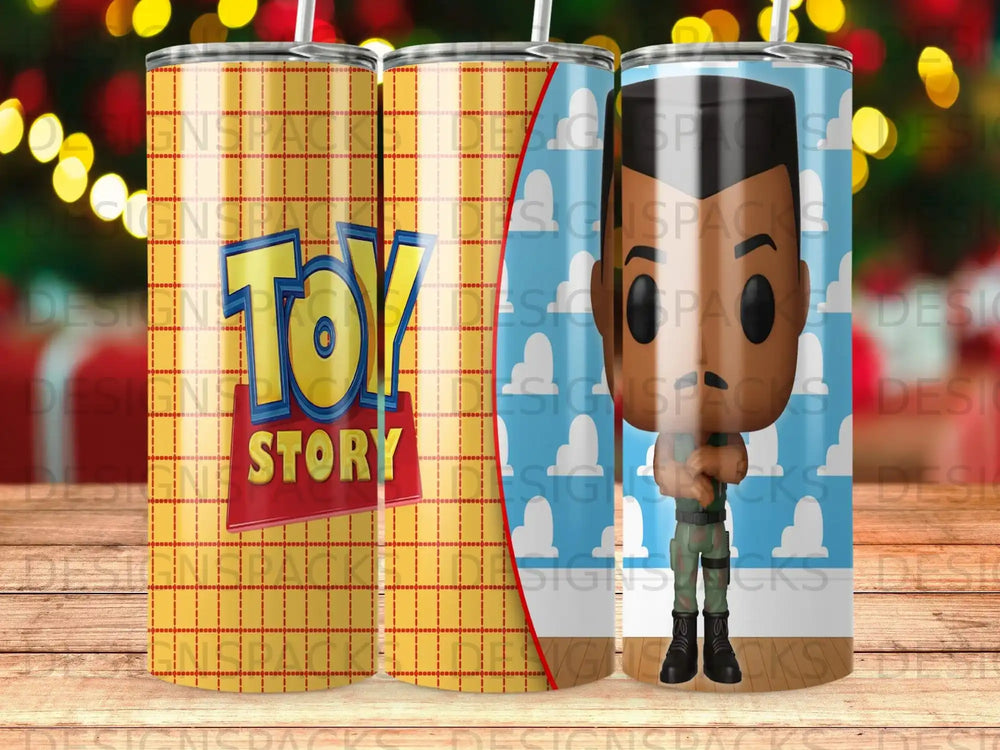 Toy Story tumbler featuring Woody with "Toy Story" logo.