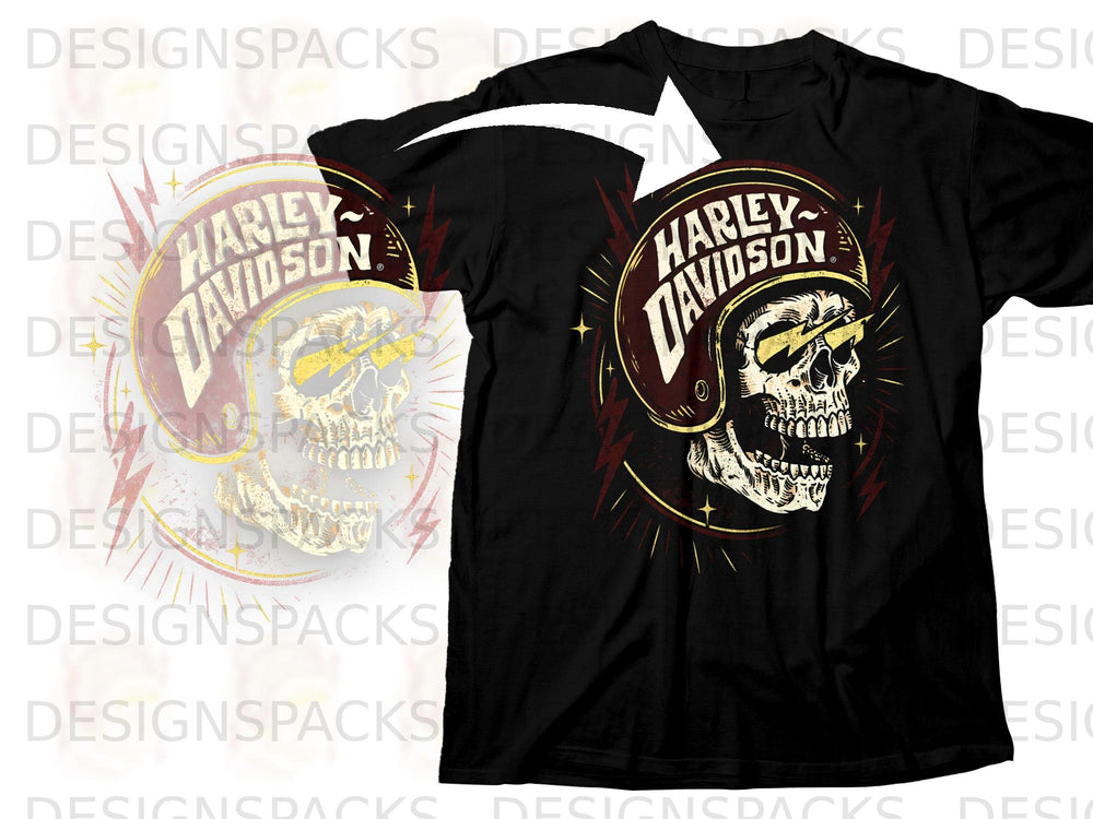 Black t-shirt with Harley-Davidson skull and lightning bolt graphic.