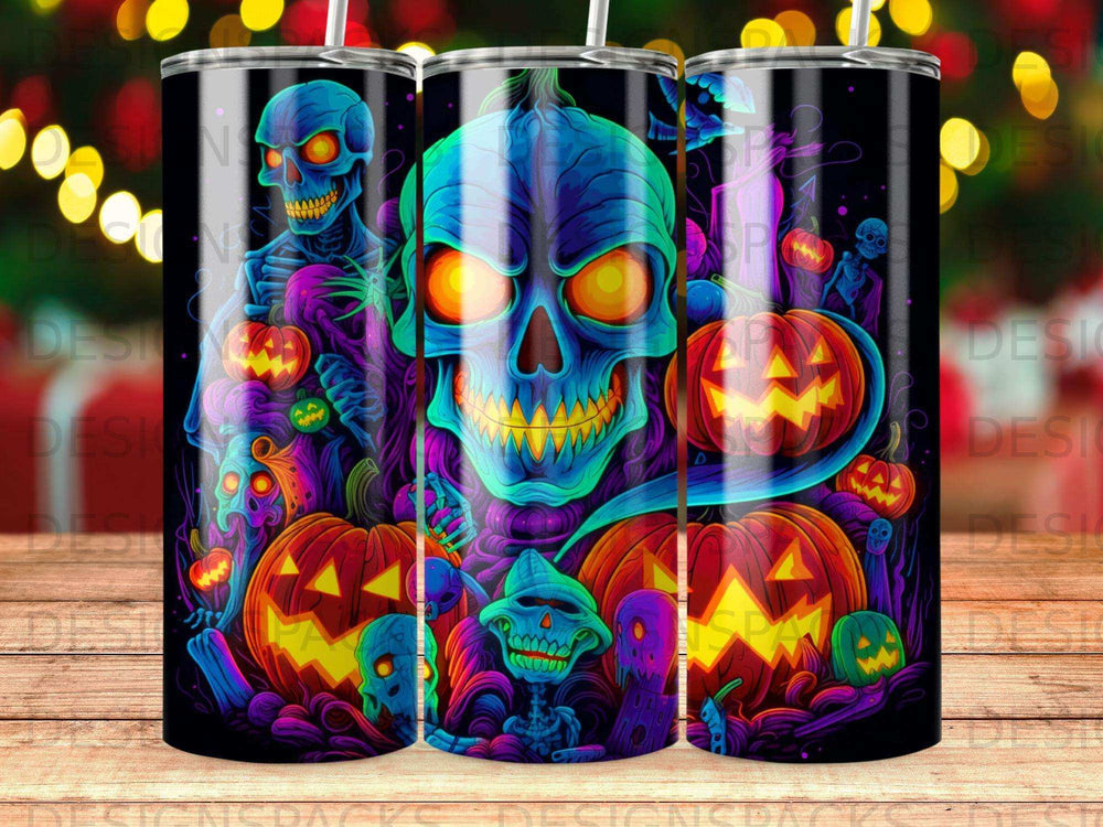 Spooky Halloween tumbler with skulls, pumpkins, and ghosts.