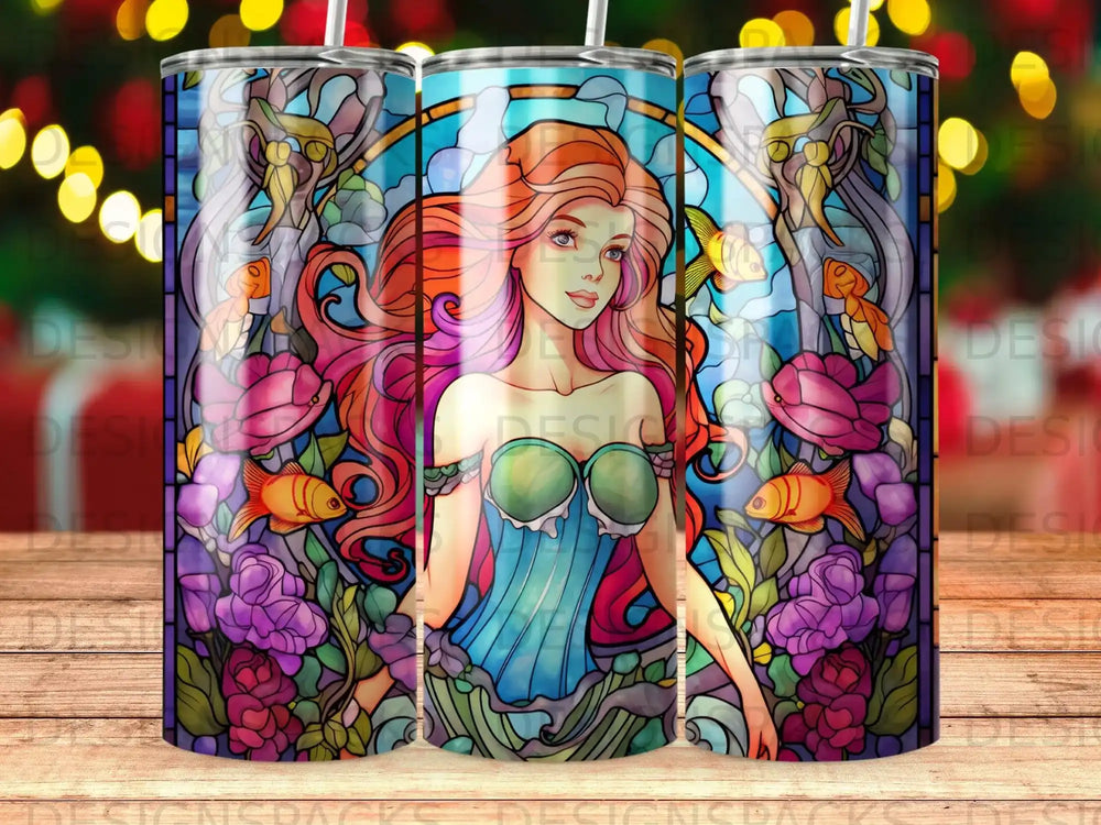 Stained glass tumbler featuring a red-haired mermaid surrounded by flowers and fish.