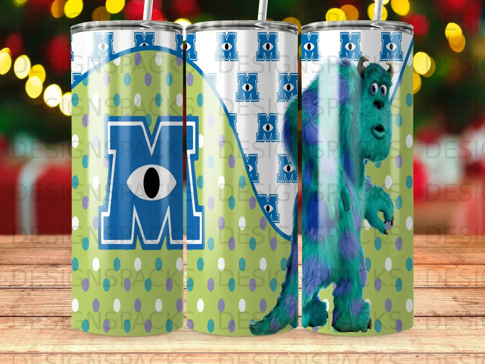 Sulley from Monsters, Inc. on a tumbler with blue and green polka dots.
