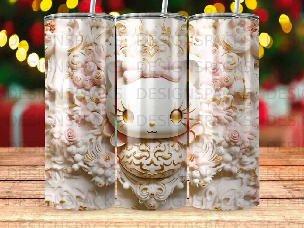 White tumbler with ornate floral, bow, and animal design.