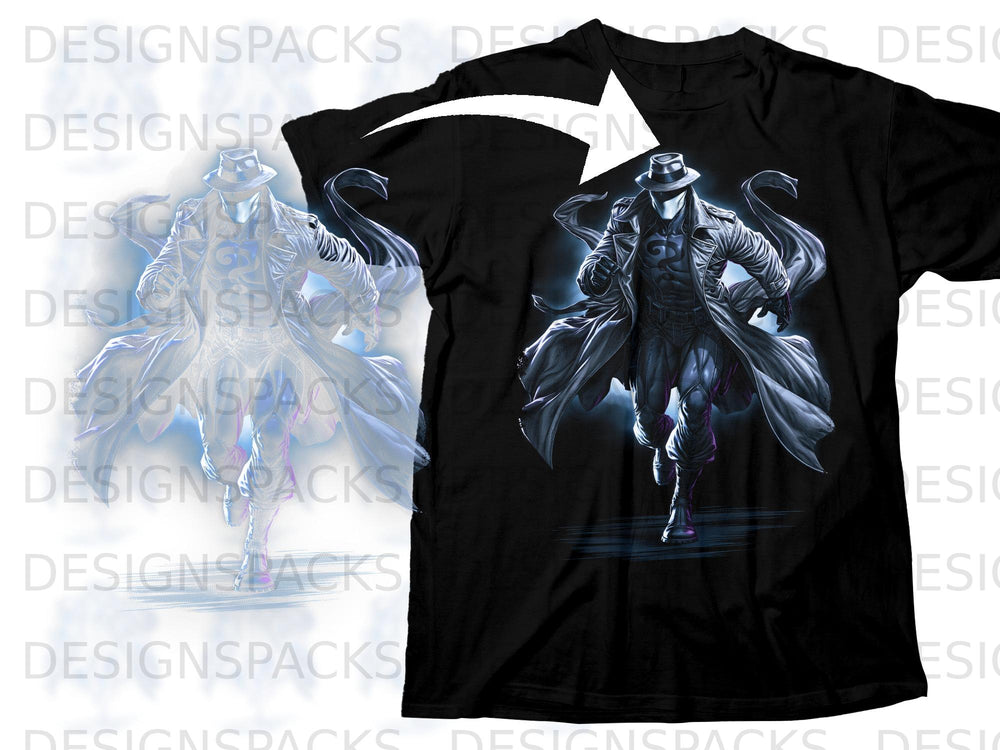 Black t-shirt with a graphic of a trench coat-clad figure and a white arrow.