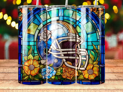 Stained glass helmet with floral accents and bokeh background.