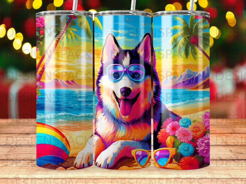 Husky dog with sunglasses rests on a beach with tropical flowers and palm trees.