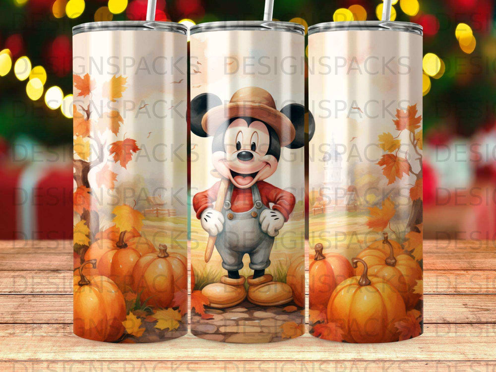 Mickey Mouse in overalls and hat surrounded by pumpkins, autumn theme.