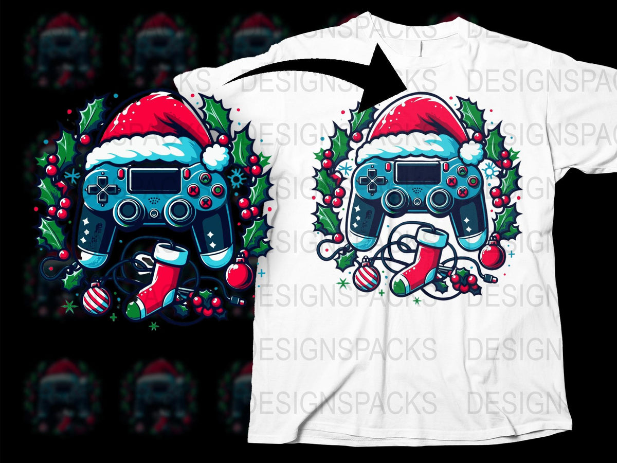Christmas Gamer T-Shirt, Festive Gaming Controller with Santa Hat, Holiday Gift for Gamers, Unisex Graphic Tee