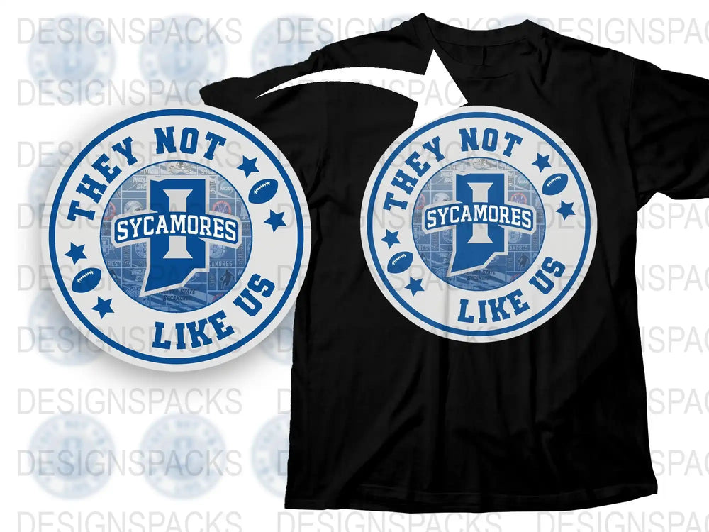 Black T-Shirt with Sycamores Graphic, Blue and White College Design, Unisex Casual Fashion Tee