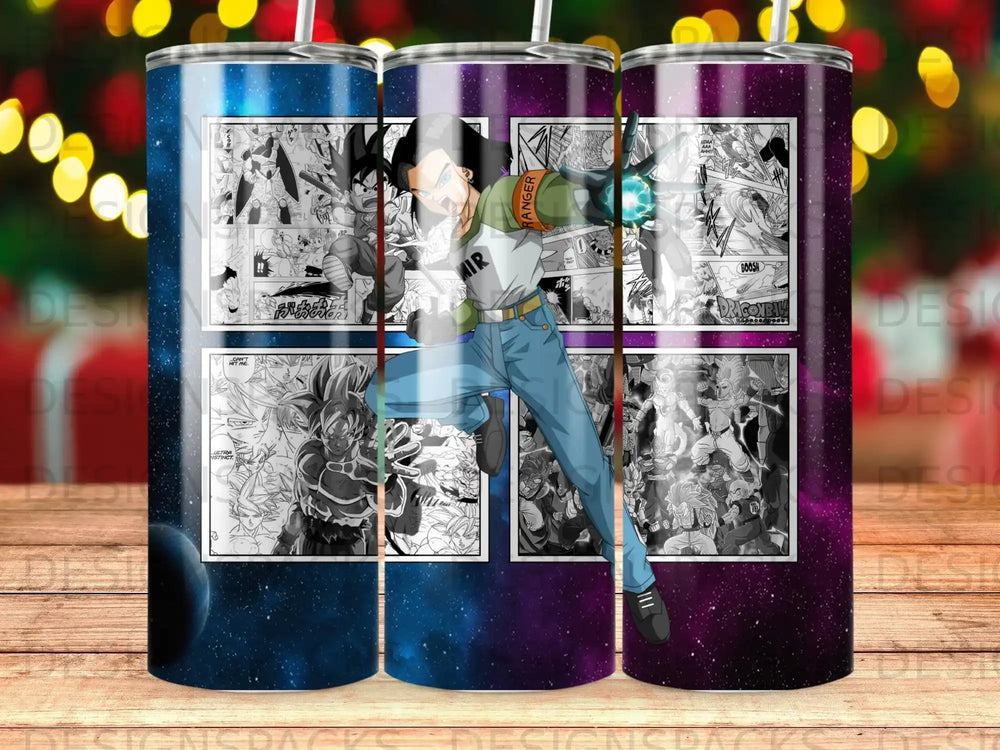 Dragon Ball Z art on a tumbler with Android 17 and Goku fighting.