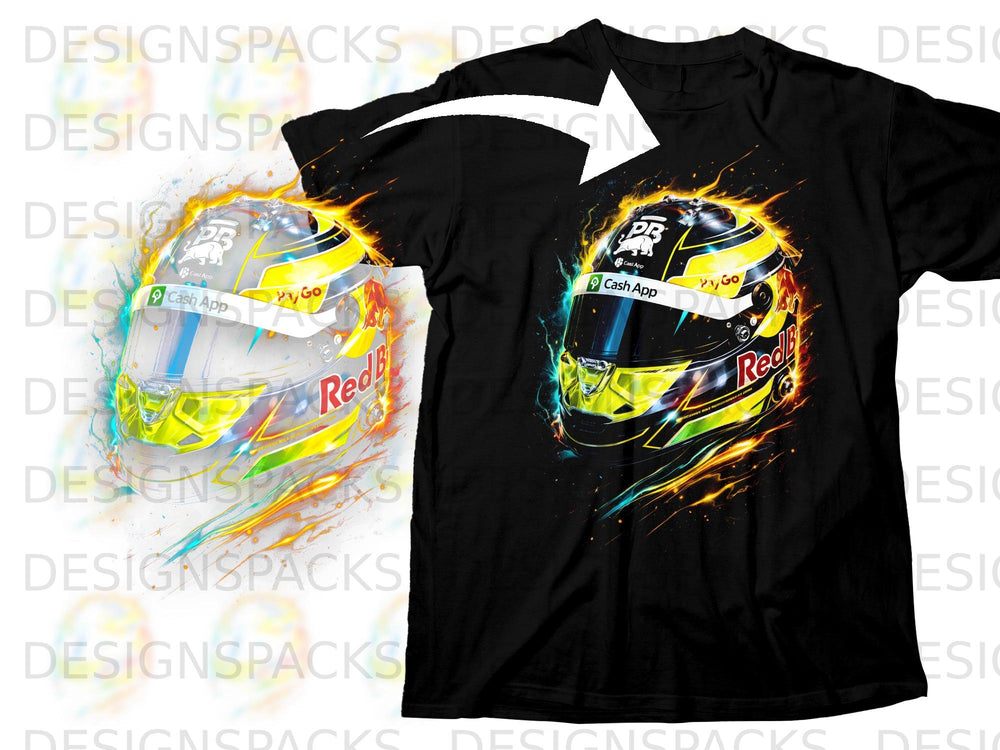 Racing helmet graphic with "Cash App" and "Red Bull" logos on black t-shirt.