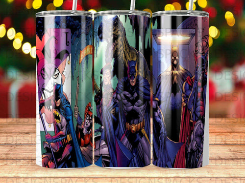 Batman, Joker, Harley Quinn, and other DC villains on a tumbler wrap.