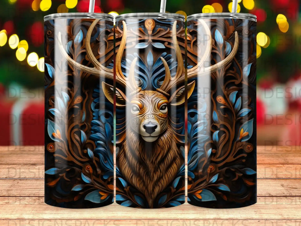 Deer head with elaborate antlers and floral scrollwork pattern on a tumbler.