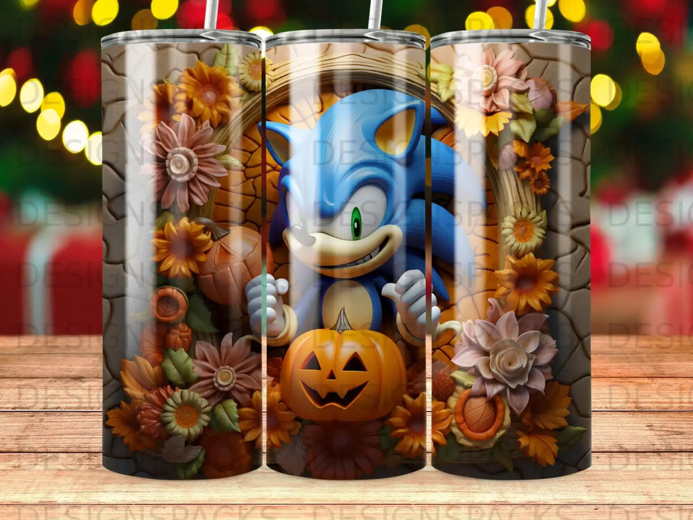 Sonic the Hedgehog surrounded by autumn flowers and pumpkins.