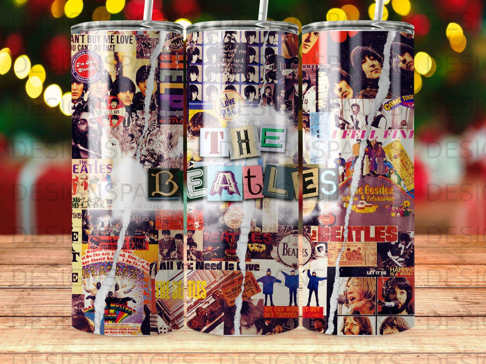 Collage of Beatles album covers and photos on a tumbler.