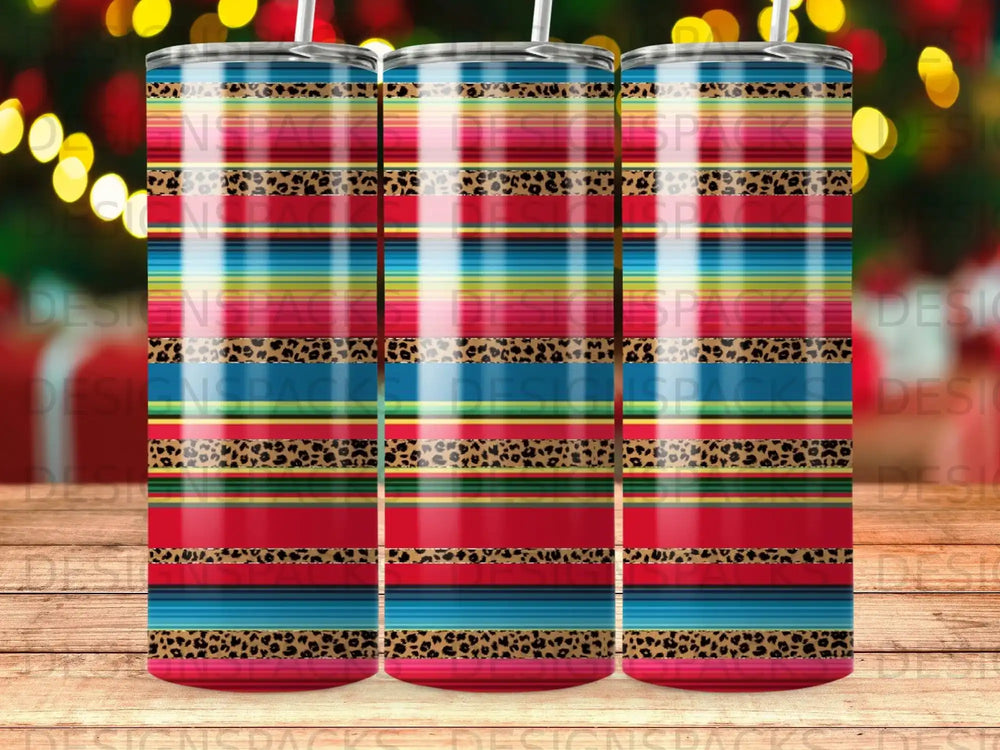 Colorful striped tumbler with leopard print accents.