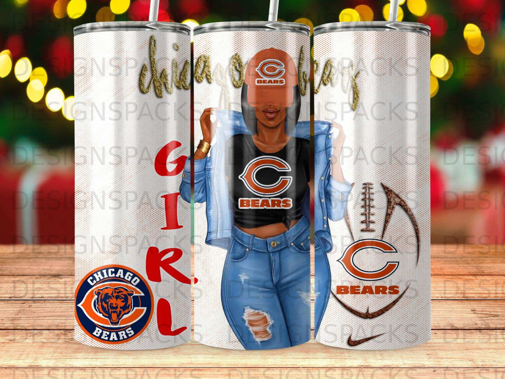 Chicago Bears tumbler with a woman wearing a denim jacket and jeans.