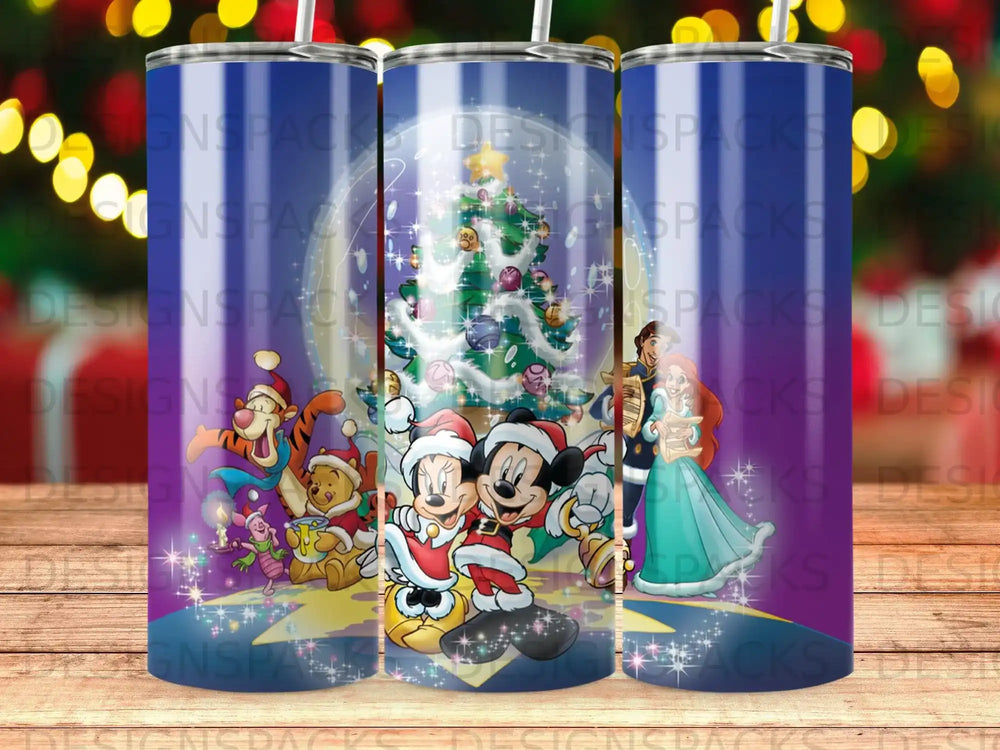Mickey and friends celebrate around a Christmas tree, with Cinderella in a gown.