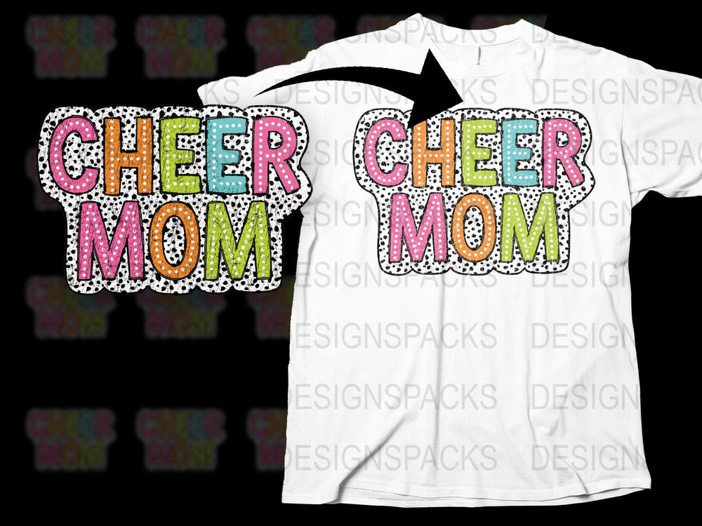 Cheer Mom T-Shirt, Colorful Polka Dot Design, Sparkly Letters, Sporty Parent Apparel