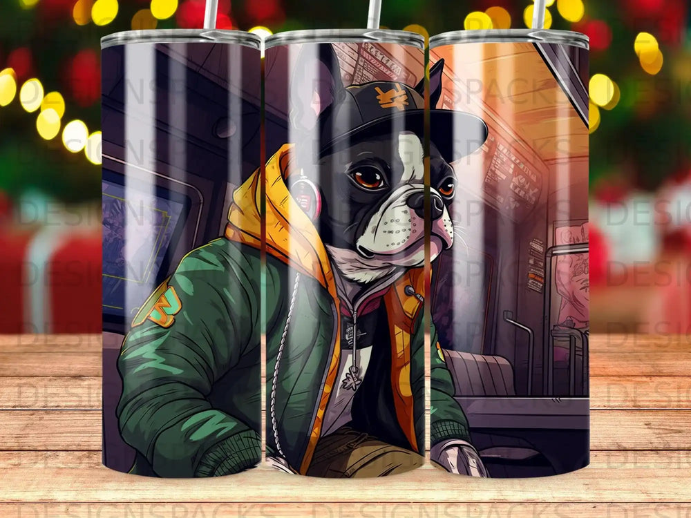 Boston terrier wearing a hoodie and jacket, sitting in a car.
