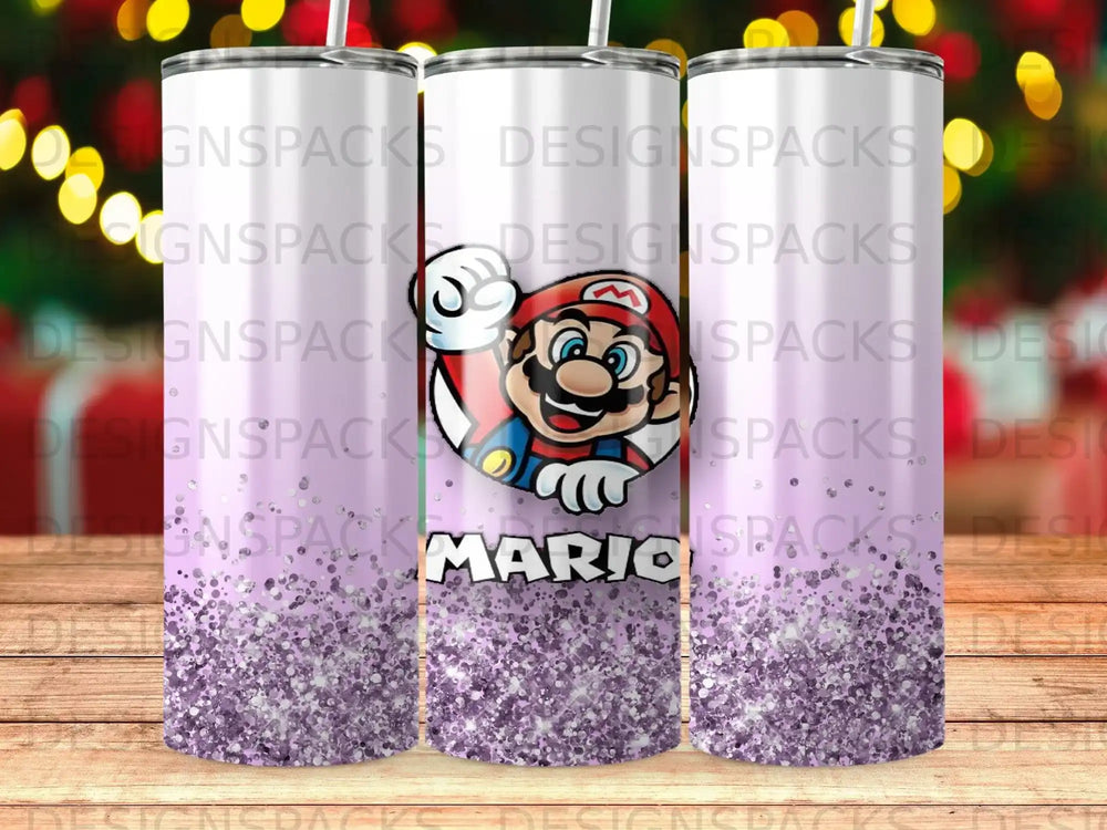 Tumbler with Mario character and glitter design.