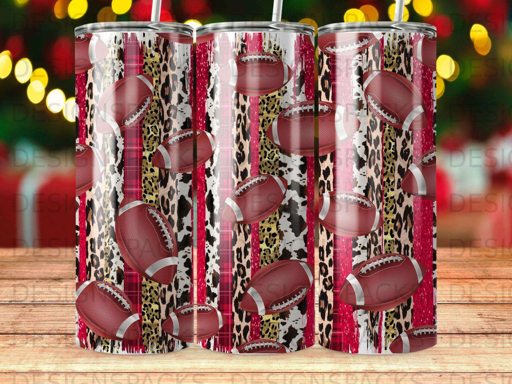 Tumbler with footballs, leopard print, and pink and red stripes.