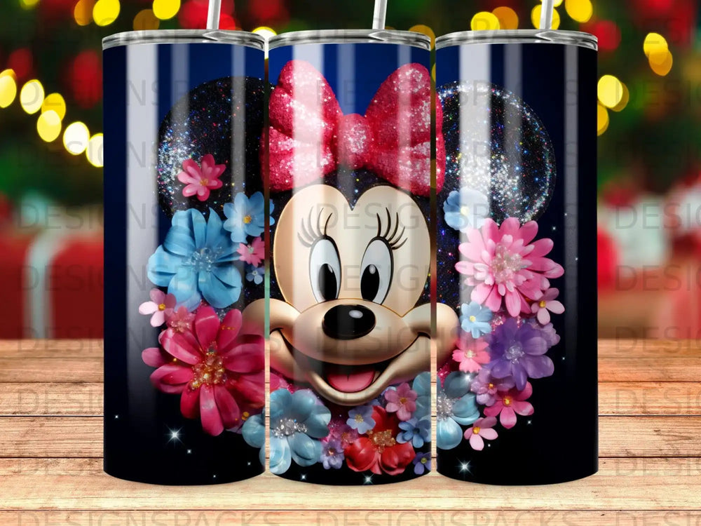Minnie Mouse with floral surround on a dark blue glitter tumbler.