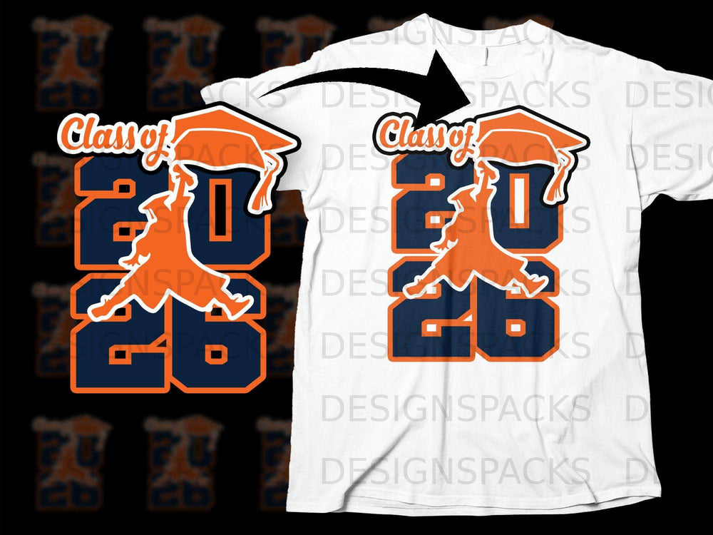 Graduation graphic with "Class of 2026" and graduation cap on a white t-shirt.